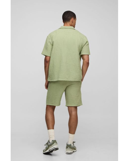BoohooMAN Green Oversized Jumbo Waffle Revere Shirt And Shorts Set