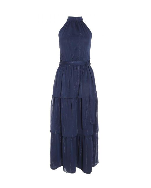 Quiz Blue Chiffon High Neck Tiered Midaxi Dress