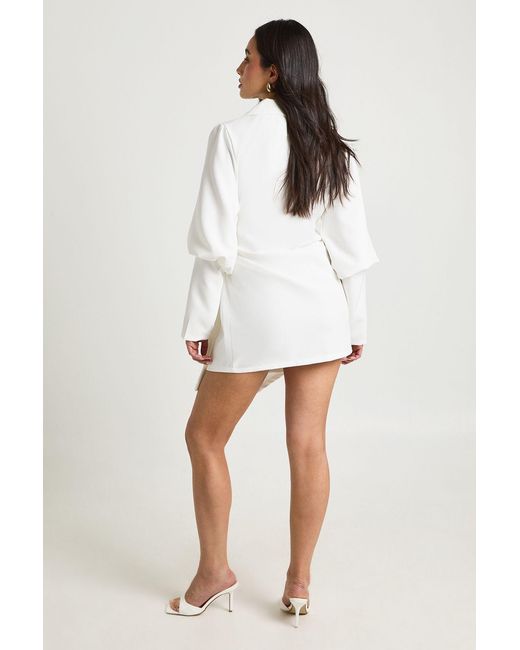 Boohoo White Volume Sleeve Tie Waist Blazer Dress