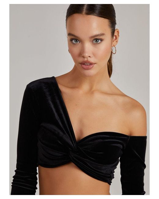 Pink Vanilla Black Velvet Twist Front One Shoulder Top
