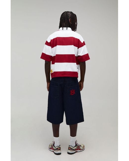 BoohooMAN Red Oversized Boxy Shrunken Half Sleeve Applique Stripe Rugby Polo for men