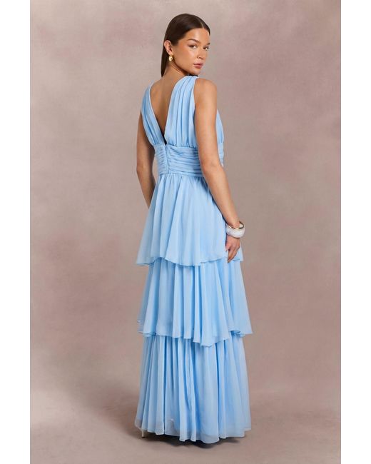 Boohoo Blue Chiffon Plunge Front Tiered Maxi Dress