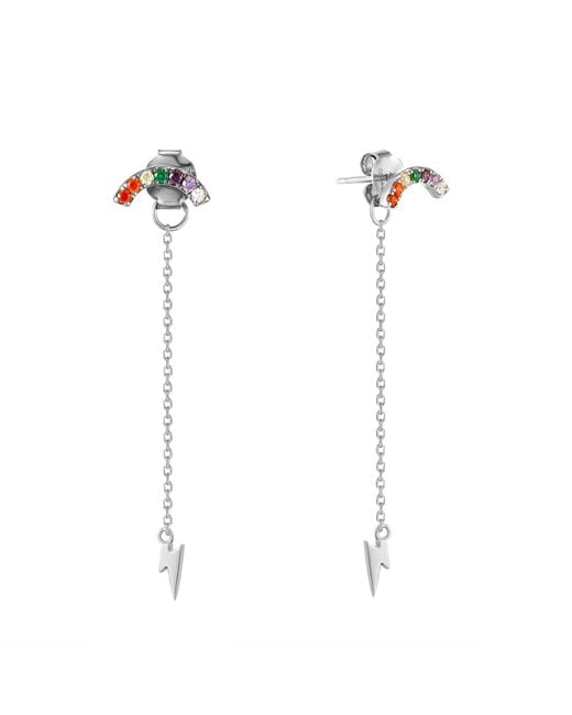 SEOL + GOLD White Sterling Cz Stud Earrings With Lightning Bolt Chain