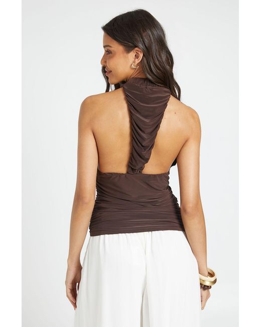 Boohoo Brown Super Ruched Matt Slinky V Neck Racer Back Top