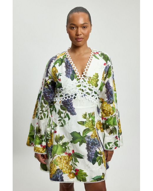 Karen Millen Green Plus Size Fruit Print Tape Detail Long Sleeve Woven Mini Dress