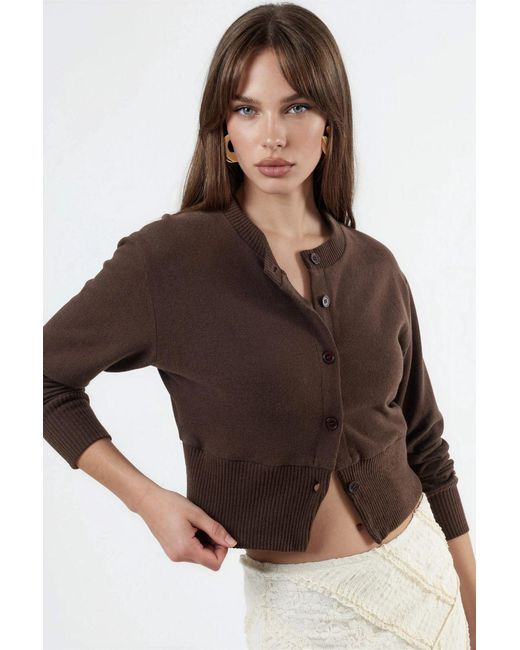 Busem Brown Casual Crew Neck Buttoned Crop Jacket