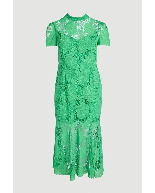 Karen Millen Green Plus Size Lace High Neck Woven Midi Dress