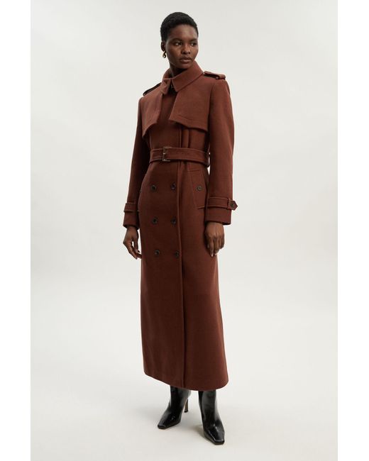 Karen Millen Brown Wool Pu Mix Tailored Belted Trench Maxi Coat