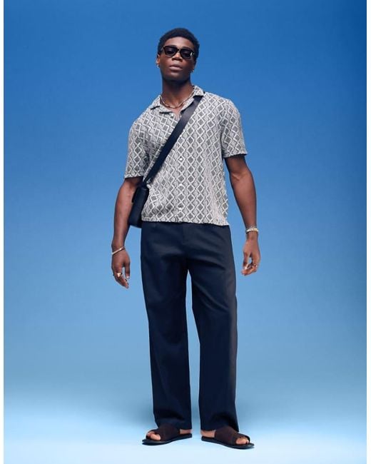 ASOS Blue Smart Wide Leg Linen Blend Trousers With Front Pleat for men