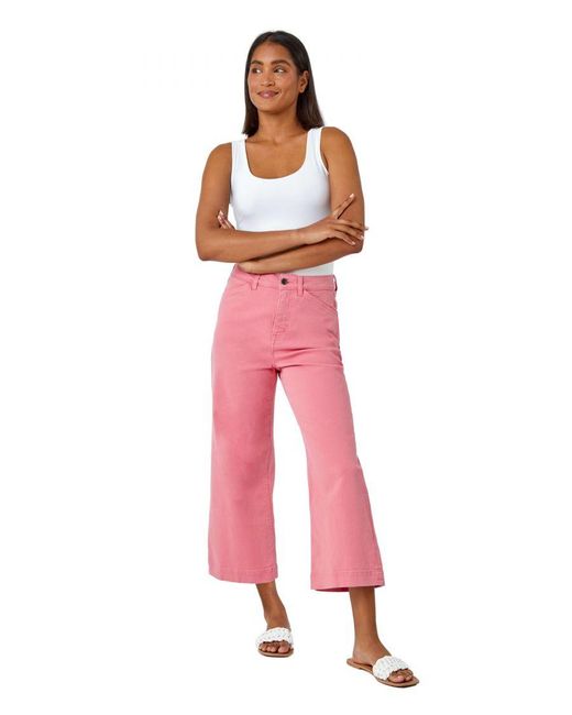 Roman Pink Wide Leg Cotton Jeans Stretch Denim Culottes Cropped Capri Pants