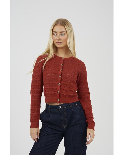 Brave Soul Red Burnt Stitch Detail Crew Neck Cardigan