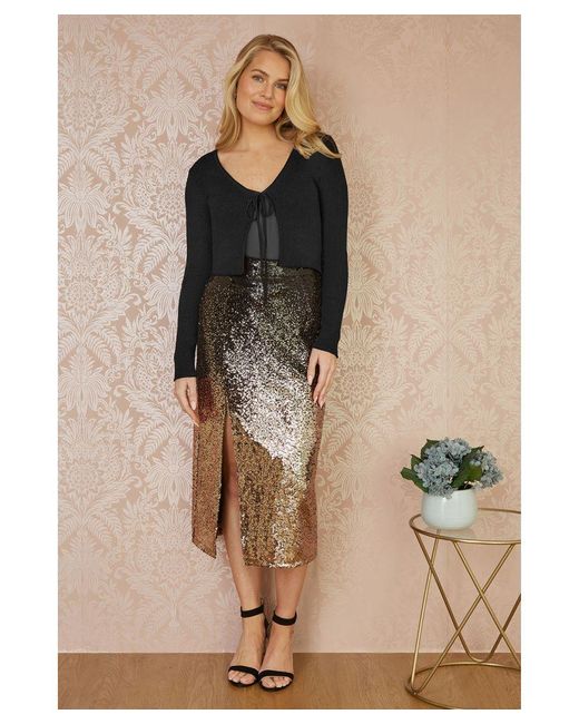 Yumi' Black Metallic Knitted Ribbed Tie Front Bolero Viscose