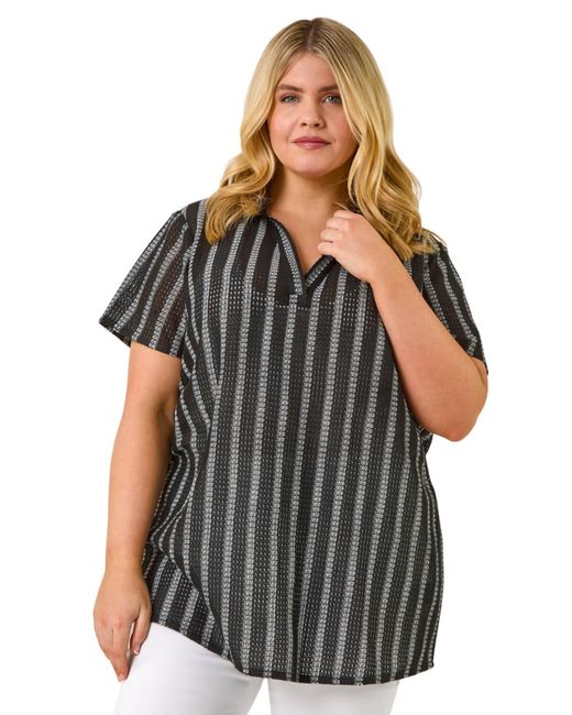 Roman Black Curve Stripe Collared Knit Top