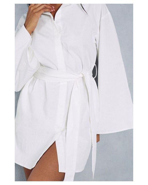 MissPap White Poplin Extreme Kimono Sleeve Belted Shirt Dress