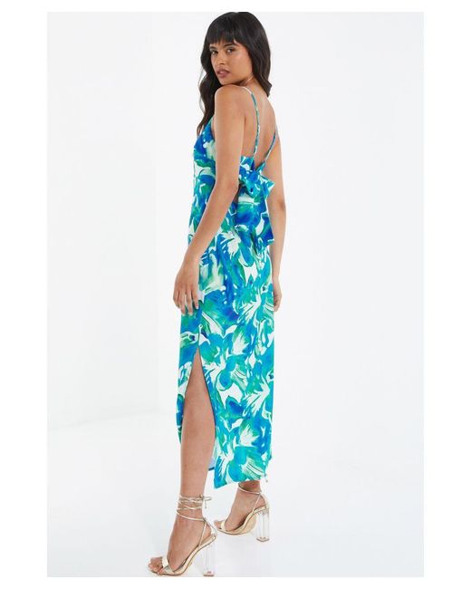 Quiz Blue Tropical Print Satin Midaxi Dress