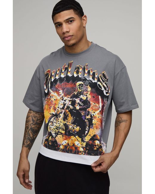 BoohooMAN Gray Oversized Boxy Outlaws Faux Layer T-Shirt for men