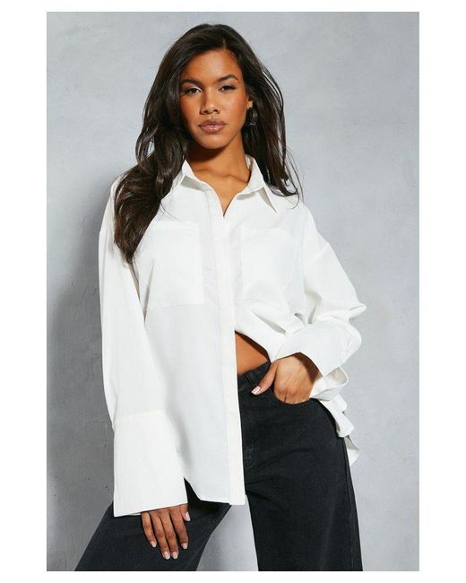 MissPap White Oversized Double Pocket Deep Cuff Detail Shirt