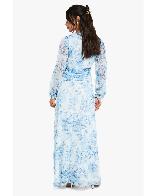Boohoo Blue Petite Floral Chiffon Volume Sleeve Maxi Dress
