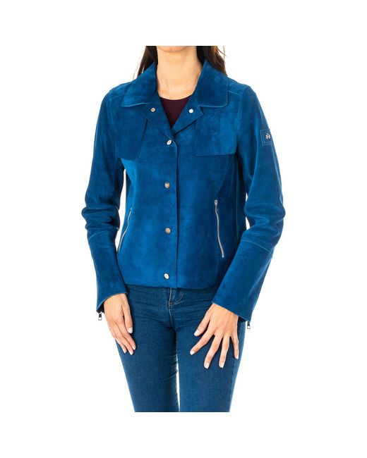La Martina Blue Long-Sleeved Leather Jacket With Lapel Collar Jwl002