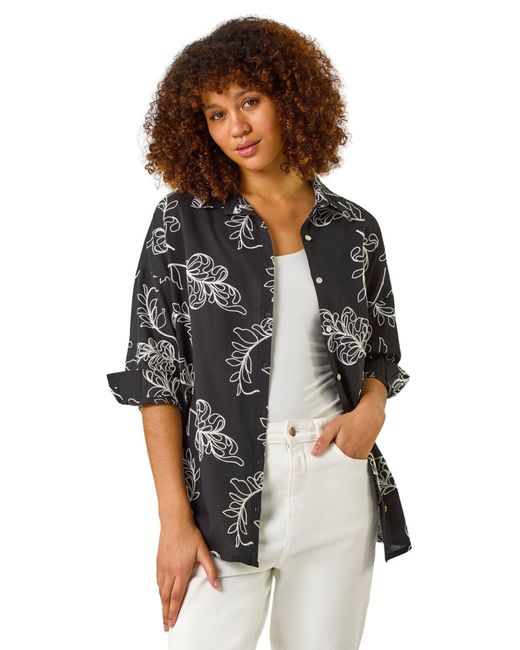 Roman Black Embroidered Floral Cotton Shirt