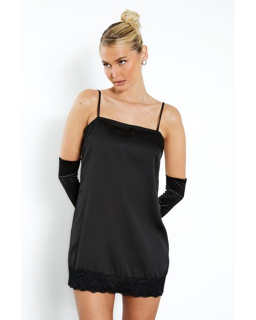 Boohoo Black Lace Trim Square Neck Slip Dress