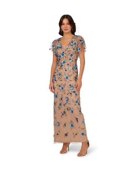 Adrianna Papell Metallic Bead Mesh Column Dress