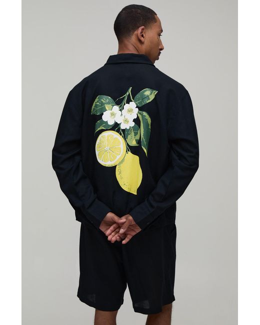 BoohooMAN Blue Lemon Back Print Oversized Linen Blend Shirt & Short Set for men