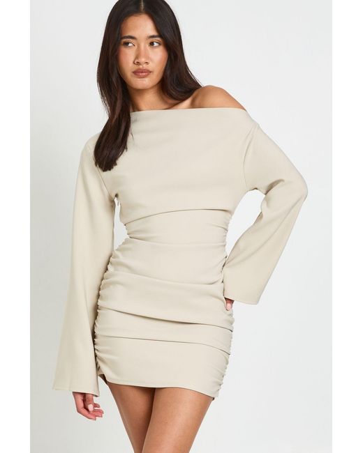 Boohoo Natural Flared Sleeve Off The Shoulder Ruched Mini Dress