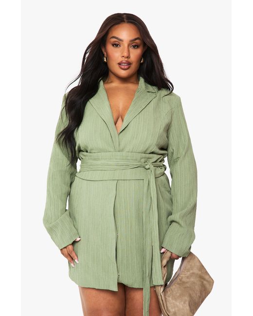 Boohoo Green Plus Textured Tailored Belt Detail Blazer Dress