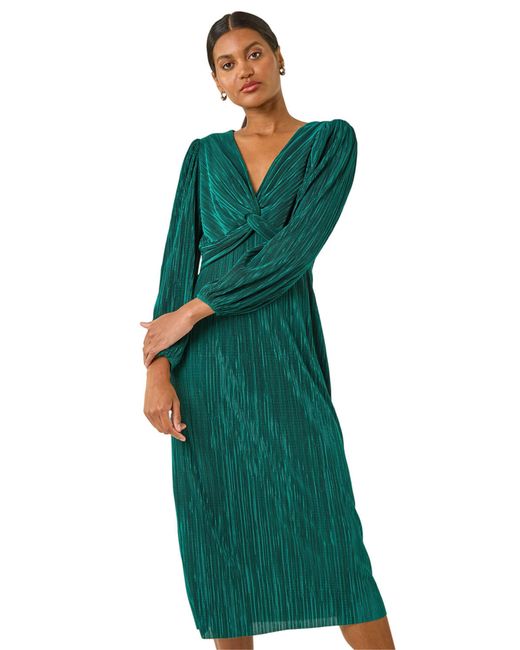 Roman Green Plisse Twist Front Midi Dress