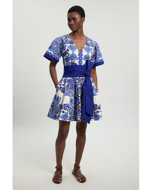 Karen Millen Blue Tile Print Cotton Poplin Mini Dress