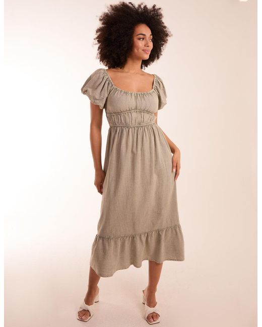 Blue Vanilla Brown Milkmaid Puff Sleeve Midi Dress