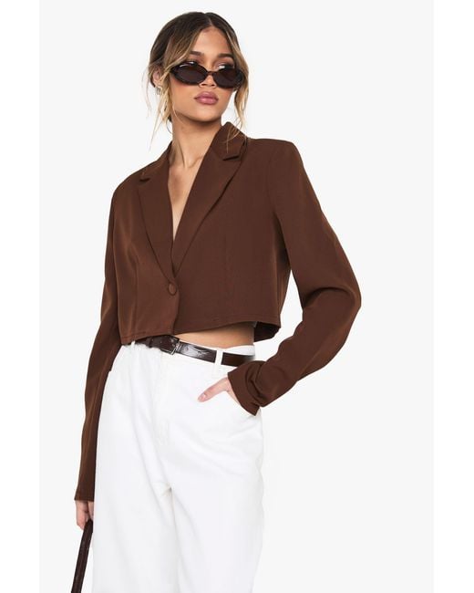 Boohoo Brown Basic Woven Relaxed Fit Crop Blazer