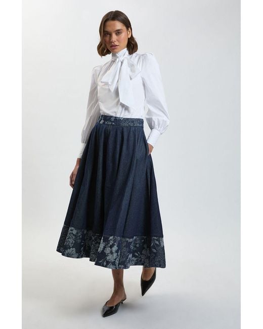 Karen Millen Blue Jacquard Denim Full Skirt