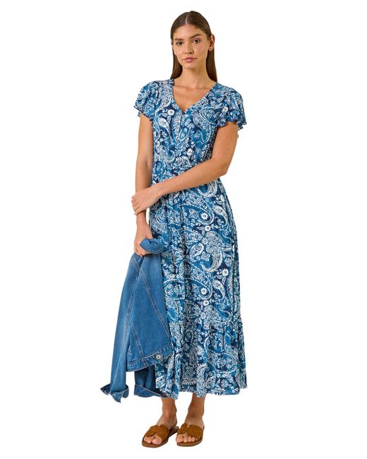 Roman Blue Paisley Print Crinkle Maxi Dress