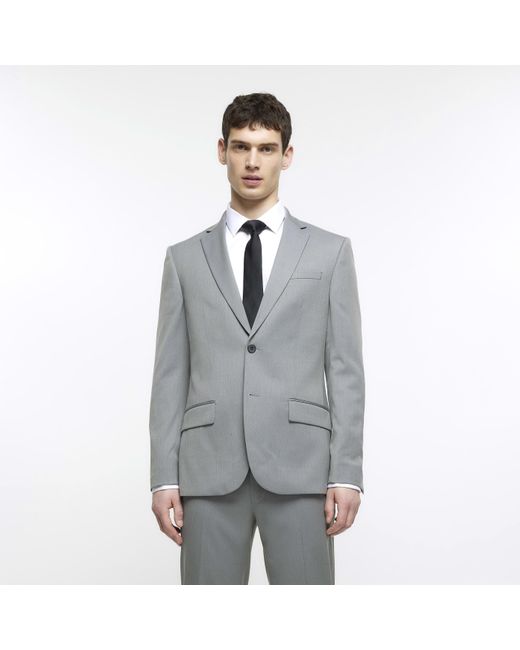 River Island Gray Suit Jacket Skinny Fit Herringbone for men