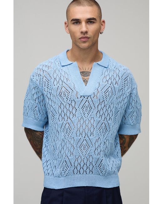 BoohooMAN Blue Oversized Boxy Diamond Crochet Cotton Blend Knitted Polo for men