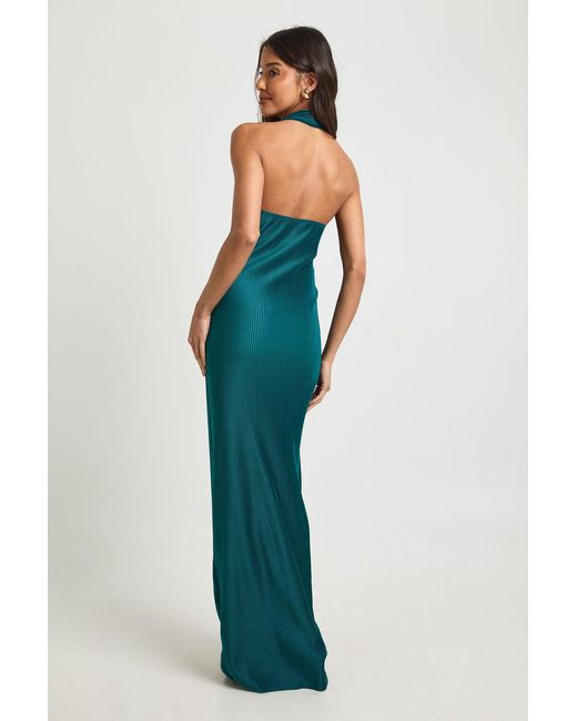 Boohoo Blue Plisse Halter Detail Column Maxi Dress