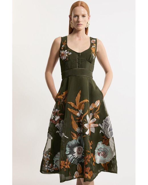 Karen Millen Green Petite Botanical Embroidery Organdie Strappy Woven Dress