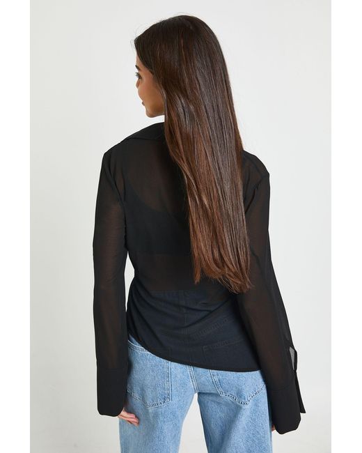 Boohoo Black Asymmetric Sheer Ruched Shirt