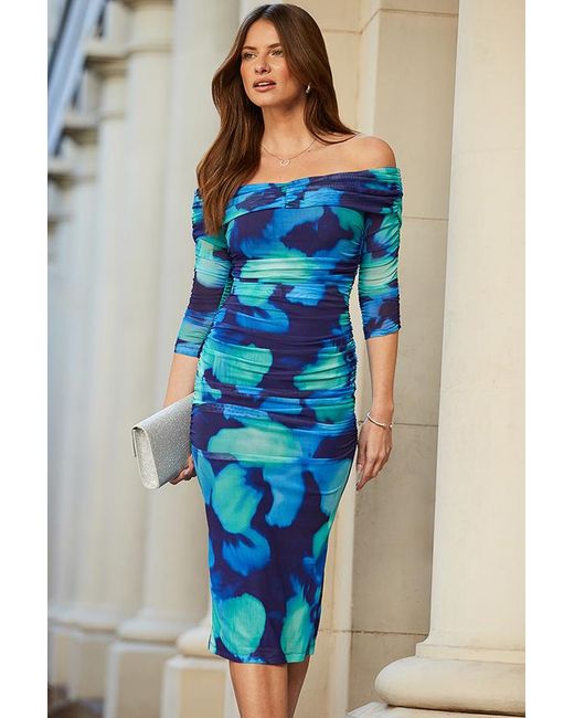 Sosandar Blue Floral Print Ruched Front Bardot Midi Dress