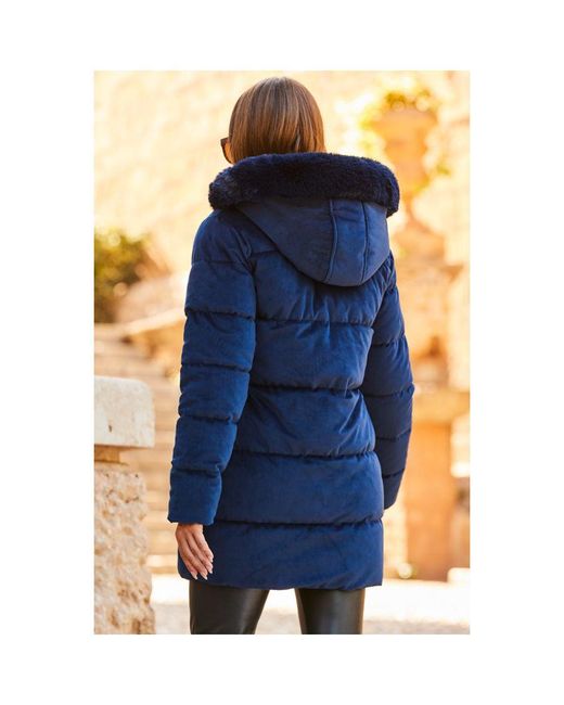 Sosandar Blue Luxe Velvet Padded Coat Fur