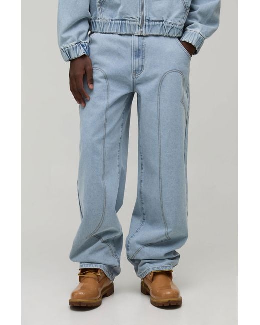 BoohooMAN Blue Vintage Wash Western Detail Relaxed Jeans for men