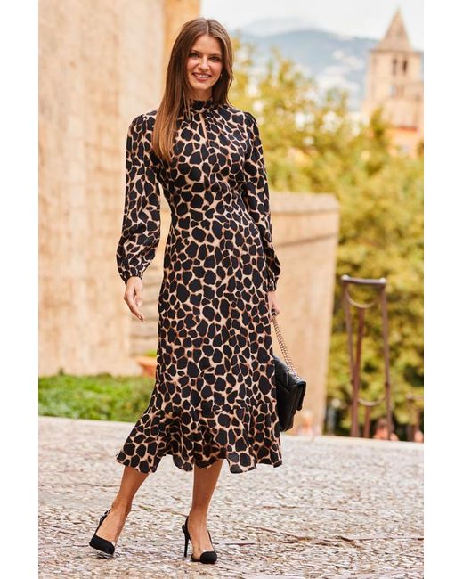 Sosandar Brown Animal Print Fit & Flare Midi Dress