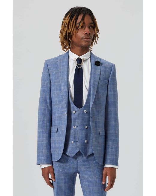 Twisted Tailor Blue Breamore Skinny Fit Check Wool Jacket for men