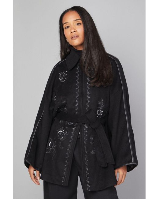 Wallis Black Embroidered Cape Coat