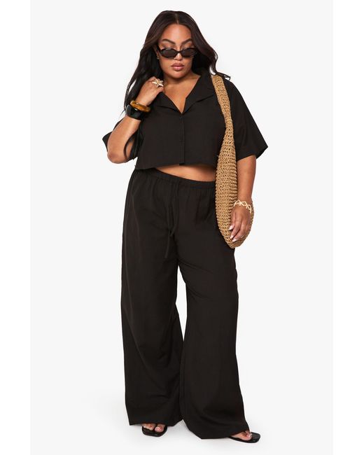 Boohoo Black Plus Linen Longline Crop Shirt & Trouser Co Ord