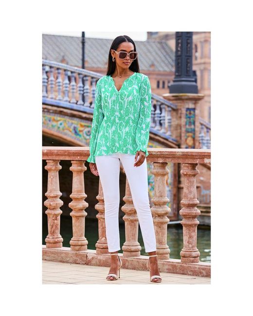Sosandar Green Floral Print Plisse Blouse Denim