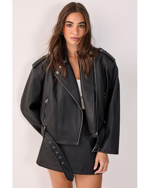 Nasty Gal Black Textured Belted Cropped Faux Leather Biker Jacket