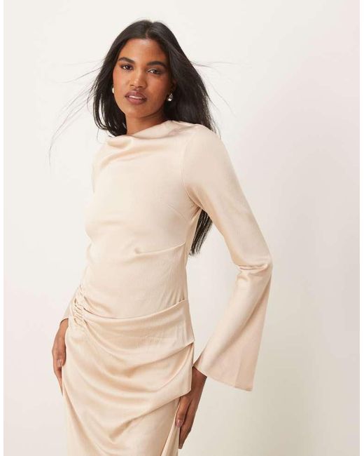 ASOS Natural Long Sleeve Satin Maxi Dress With Ruched Tab Detail